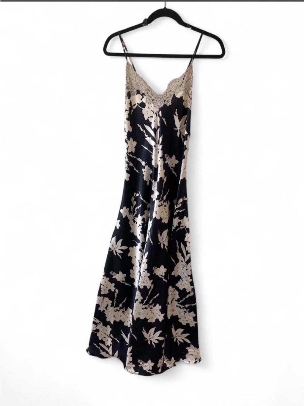 Vintage European Black & Cream Floral Slip Dress with Lace Trim